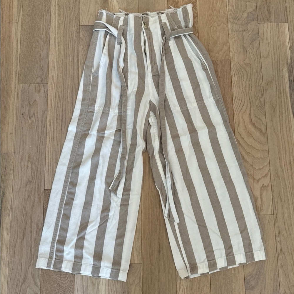 Nordstrom Beige and White Striped Cropped Wide-Leg Pants